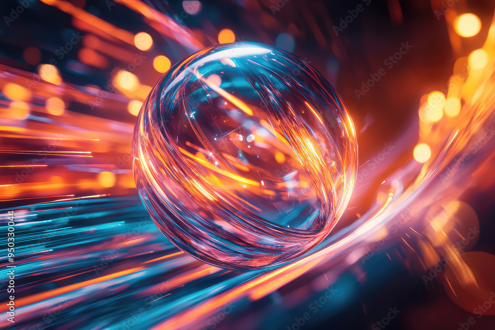 Poster a captivating 3d render of a glowing energy orb surrounded by dynamic lights and vibrant colors in a