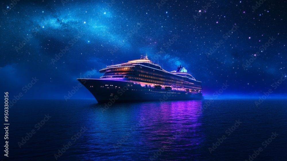 Poster A nighttime view of a cruise ship illuminated with colorful lights, sailing through the dark ocean with a starry sky above, creating a glamorous and tranquil scene.