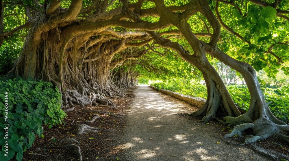 Poster ancient fig tree with sprawling roots and a dense canopy, creating a natural green tunnel over a pat