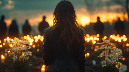 girl stands with her back to the camera, her posture reflecting deep sadness. She faces a blurred crowd of mourners in black, evoking themes of loss, grief, and emotional isolation