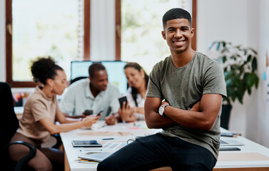 Portrait, creative man and pride with confidence, desk and project management in office as...