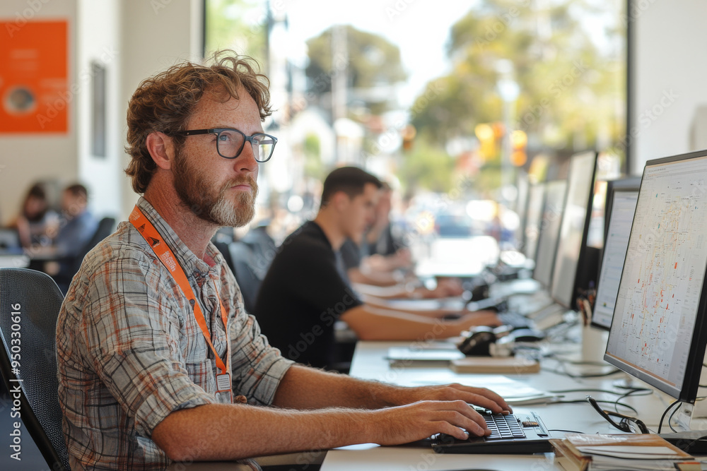 Poster a man with glasses is sitting at a desk with a computer monitor in front of him
