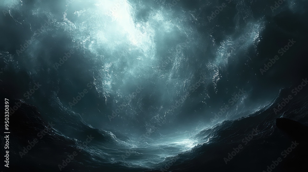 Poster whispers of the void: soft, glowing light fragments emerging from a deep, dark void, creating an eni