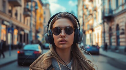 Fototapeta premium fasion beautiful girl wearing headphones walks down the street