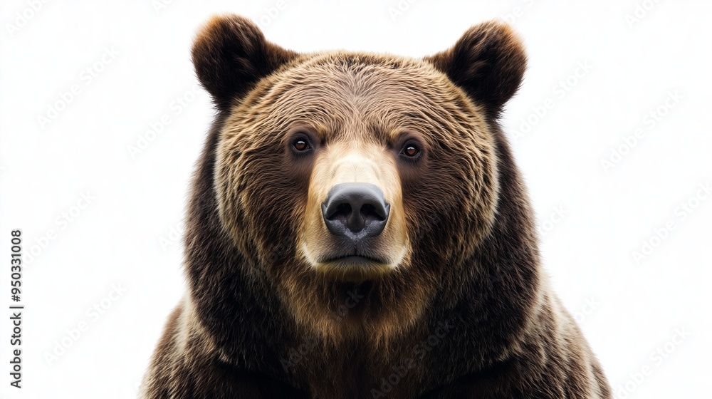 Canvas Prints a close up, realistic of a grizzly bear with a commanding gaze, positioned on a vivid white backgrou