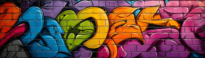 A brick wall painted with colorful graffiti, with various shades of blue, yellow, green, and orange.