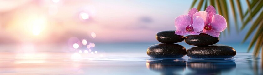 A serene wellness scene with bamboo elements, smooth hot stones, and fresh flowers, captured in soft, inviting light