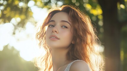 Naklejka premium Beautiful woman with smooth, radiant skin and a carefree attitude, enjoying a sunny day at the park.