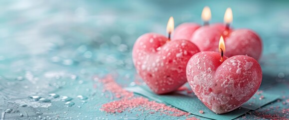 Romantic Heart Shaped Candles on Turquoise Background