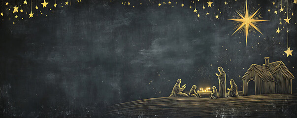 Hand-Drawn Nativity Silhouette with Christmas Star on Dark Gray and Gold Background for Text or Logo