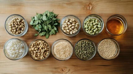 Beer brewing ingredients: hops, malt, barley, and yeast on a wooden background with beer tasting glasses.