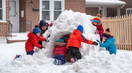 group of children building a snow fort