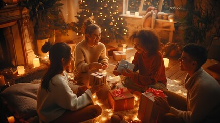 friends exchanging gifts and laughter