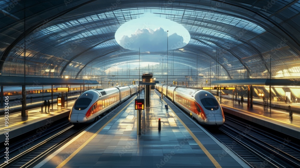 Poster A panoramic view of an electric train station with multiple platforms and trains, showcasing the scale and modern architecture of the facility.