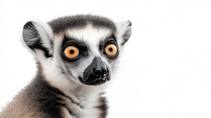 Obraz premium A close up, realistic of a lemur with an inquisitive gaze, positioned on a vivid white background. The lighting is soft and even, capturing the fine details of the lemurs fur and