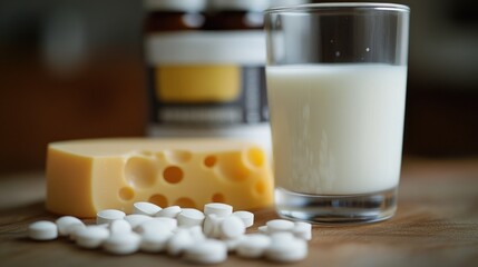 Calcium and vitamin D tablets with a glass of milk and cheese slices, emphasizing bone strength and health.
