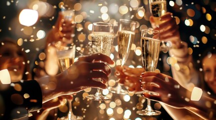 group of friends toasting with champagne as they watch the countdown
