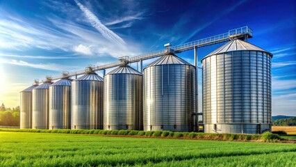 Obraz premium Farm steel silos on a sunny day , agriculture, rural, storage, silo, metal, farm, structure, rural, countryside, industrial