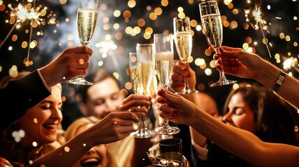 group of friends toasting with champagne as they watch the countdown