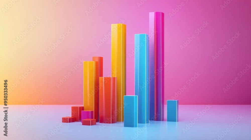 Poster A panoramic view of a 3D bar chart with multiple bars representing different data categories, set against a minimalist background for an organized and easy-to-read data presentation.