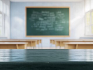 A bright and inviting classroom features wooden desks arranged neatly, with a chalkboard in the background and sunlight pouring through the windows
