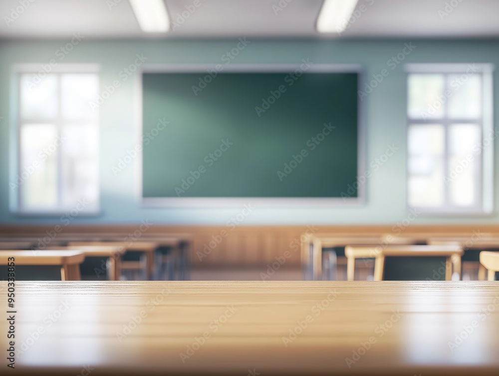 Poster desks are arranged in rows, facing a large blackboard lined with windows allowing bright daylight. t