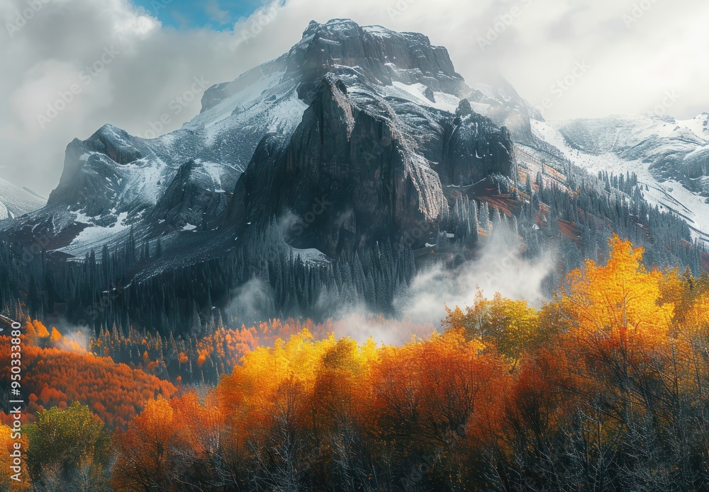 Sticker Majestic Mountain Peaks with Autumn Foliage