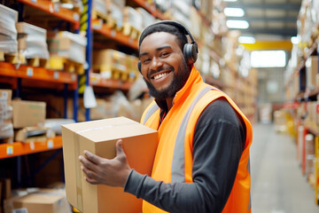 Obraz premium Smiling African American Warehouse Employee Carrying a Box, Enjoying Music Through Headphones at Work