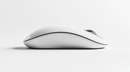 A modern white mouse in focus, photographed from a side angle on a white background, highlighting its ergonomic design
