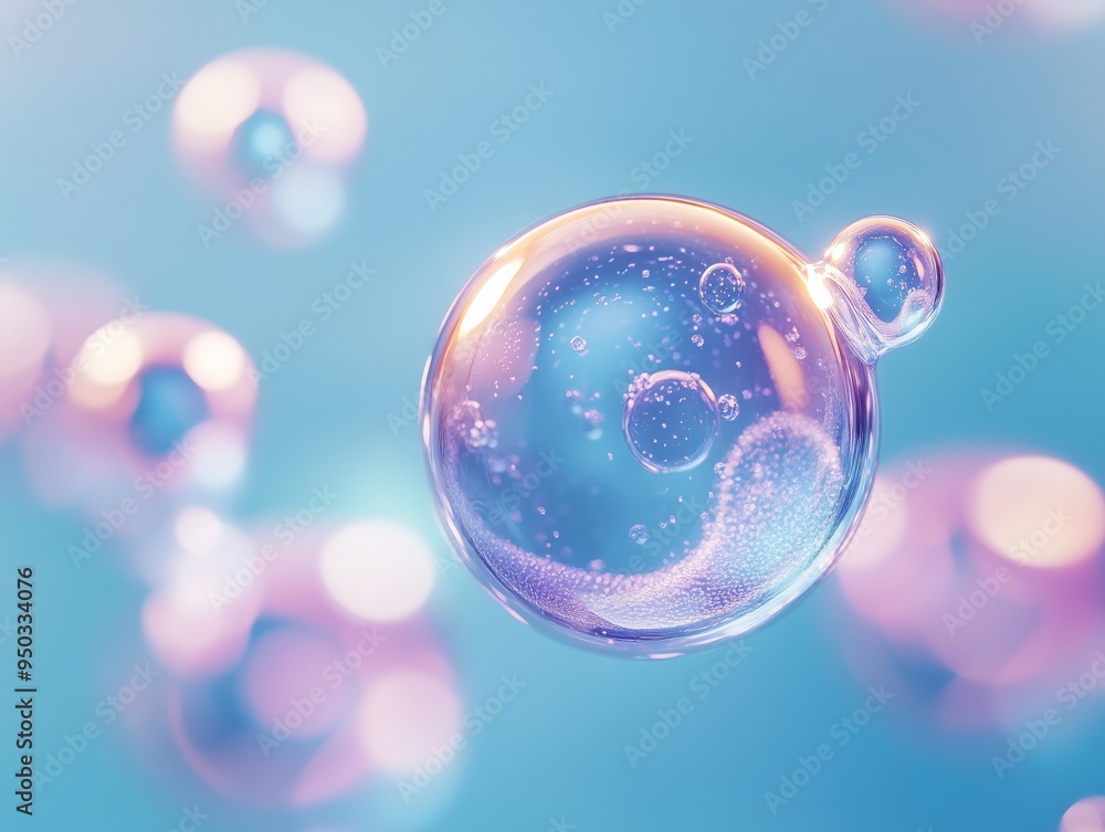 Poster delicate, iridescent bubbles hover gently against a soft blue backdrop, reflecting light and creatin