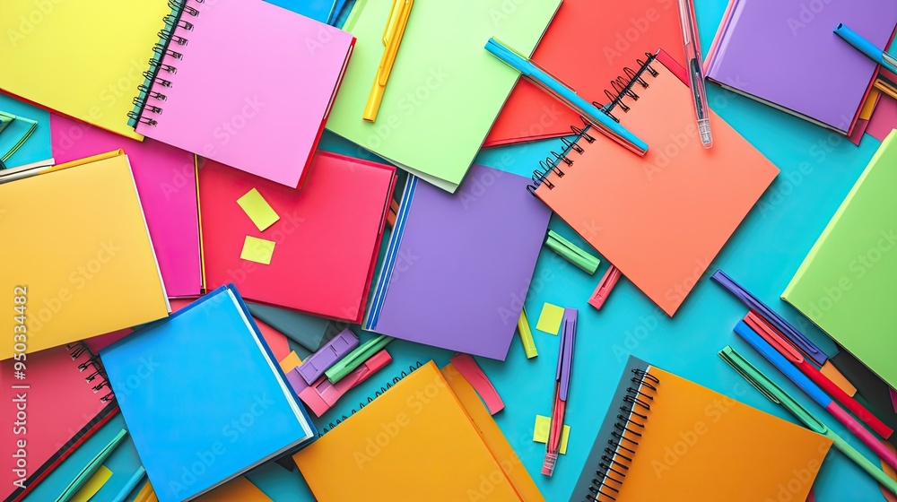 Poster a neat pile of colorful notebooks with scattered highlighters and sticky notes, ready for study or w