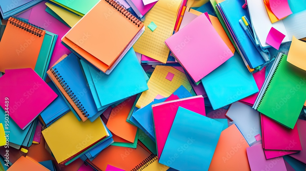 Poster a neat pile of colorful notebooks with scattered highlighters and sticky notes, ready for study or w