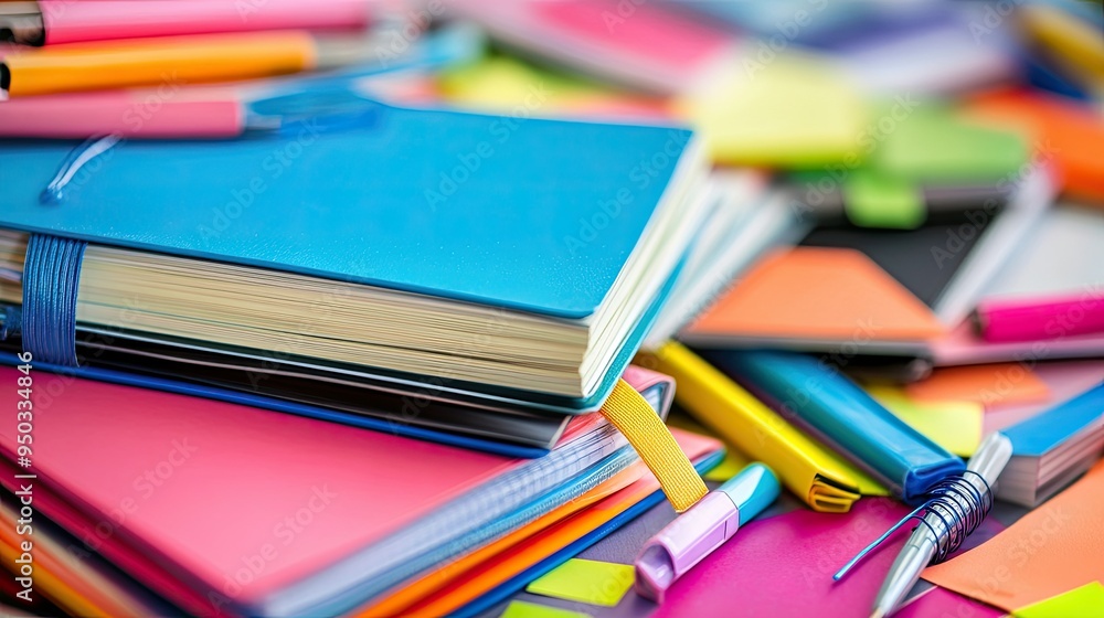 Poster a neat pile of colorful notebooks with scattered highlighters and sticky notes, ready for study or w