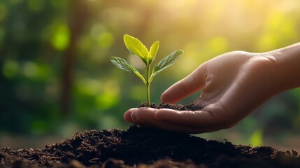 Fototapeta premium A person hand holding a small plant growing from soil, representing the concept of growth and sustainability, with a blurred natural background.