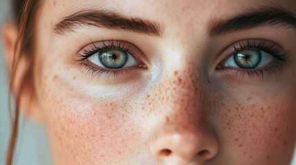 Fototapeta premium Close-up of a face with dewy skin and natural beauty, framed by a simple, elegant background.