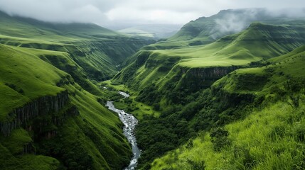 Naklejka premium panoramic view of a lush green valley with a river