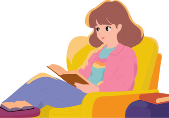 girl reading a book in a yellow chair, 