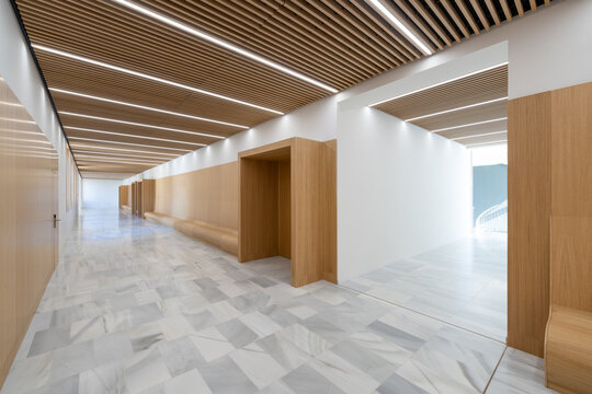 Modern university corridor with sleek design and lighting