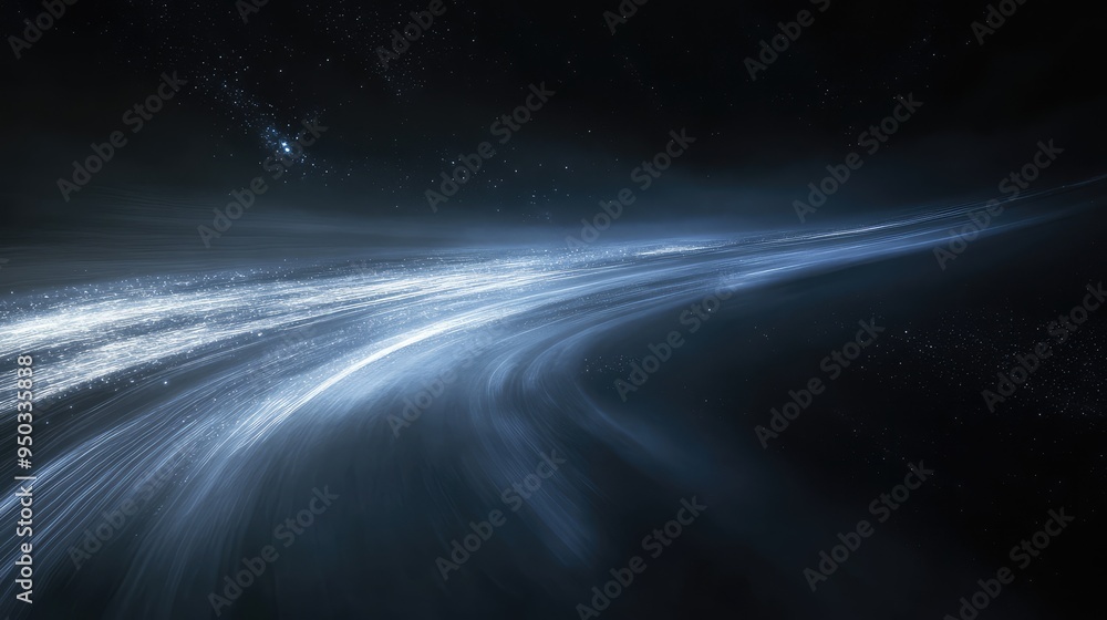 Poster whispers of the void: subtle, glowing fog and light trails in an endless dark void, conveying a sens