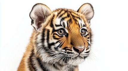 Obraz premium A close up, realistic of a tiger cub with a gentle gaze, positioned on a vivid white background. The lighting is soft and even, capturing the fine details of the cubs fur and