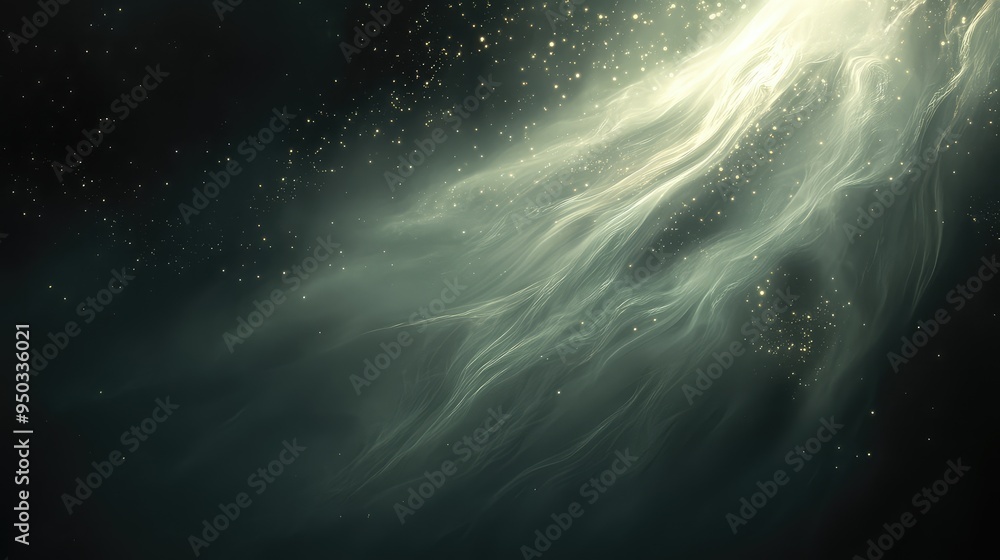 Poster whispers of the void: subtle, glowing fog and light trails in an endless dark void, conveying a sens