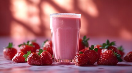 Mouthwatering 3D Rendered Strawberry Milk Drink with Fresh Berries in a Chilled Glass
