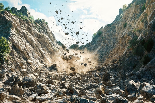 A breathtaking view of nature's raw power captured as a dramatic rockslide cascades down a mountain in vivid detail.