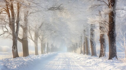 serene winter scene with snow-covered trees and a light dusting of fresh powder