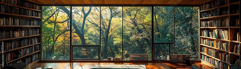 Poster large window with fall foliage view in a library with bookshelves