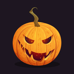 Halloween pumpkin spooky head. Carved glowing pumpkin face. Autumn horror season. Scary Jack O Lantern for banners, party invitations, stickers, and decor. Vector creepy character illustration