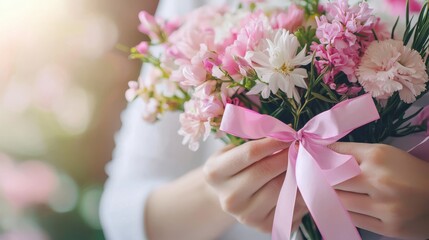 A close-up of a womans hand tying a pink ribbon around a bouquet of fresh flowers symbolizing the love and support given to those battling breast cancer