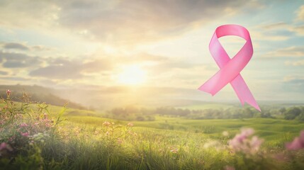 A serene image of a pink ribbon floating in the air above a peaceful meadow with soft sunlight breaking through the clouds symbolizing hope and the light at the end of the breast cancer journey