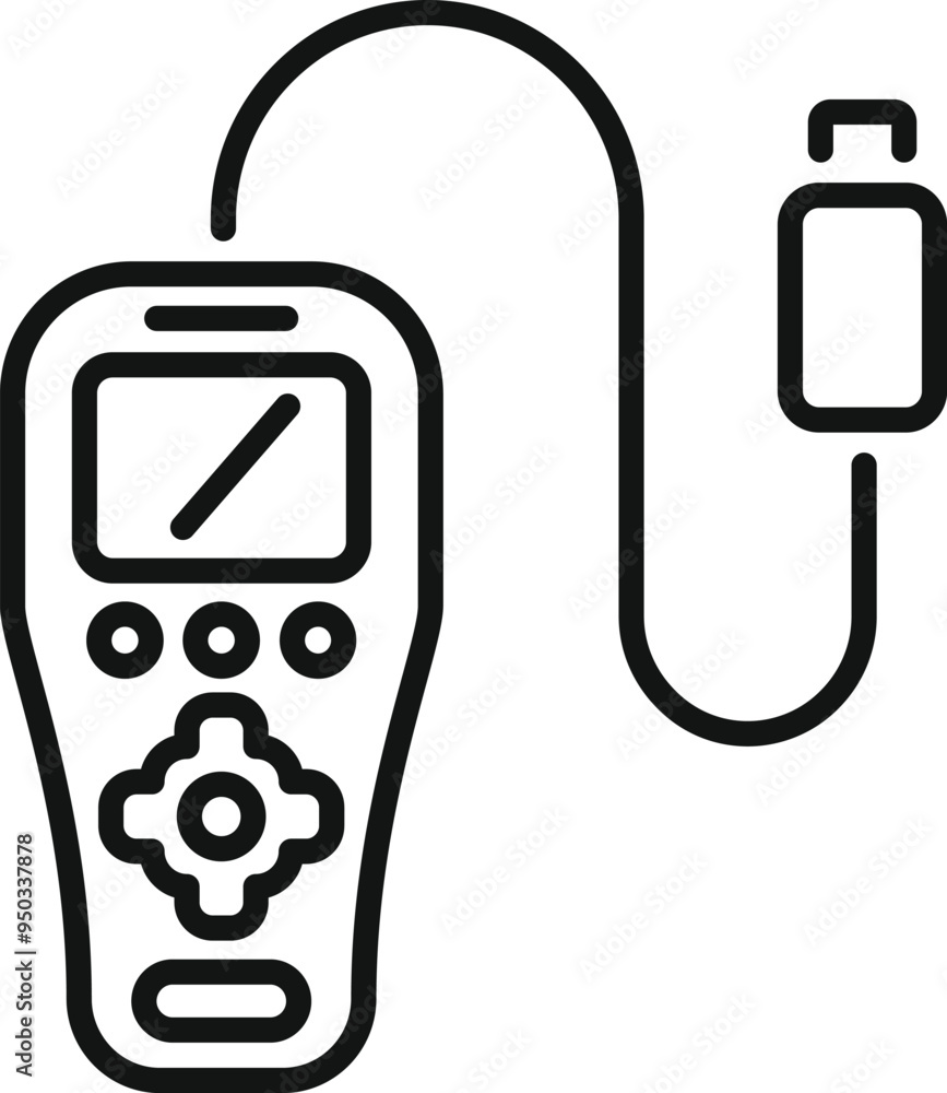 Poster line icon of a remote control device with buttons and a screen, connected with a usb cable