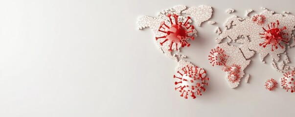 A world map illustration featuring virus models, representing global health challenges and the impact of pandemics.